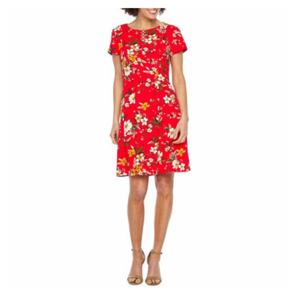 Red Floral Fit to Flare Dress O ring neckline